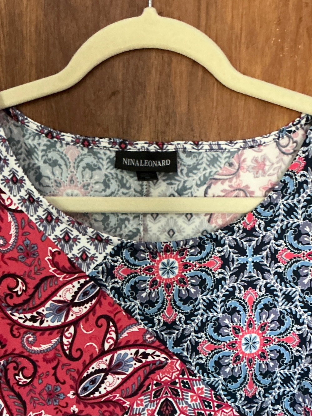 Nina Leonard Red, Navy & Pink Paisley Patchwork Mini Dress
